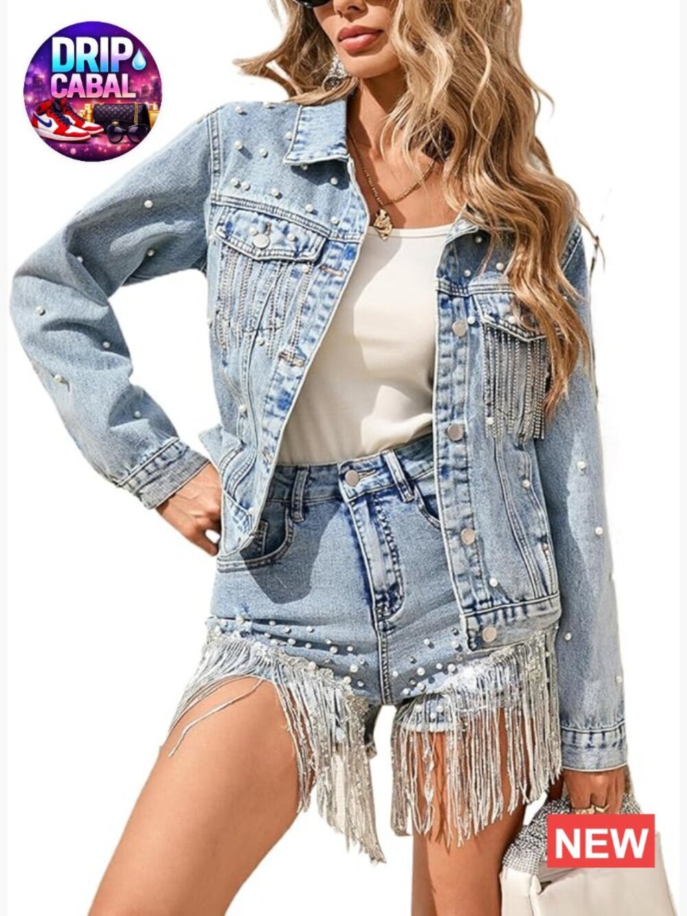 Pearl Tassel Jean Jacket with Fringe Denim Coat Women